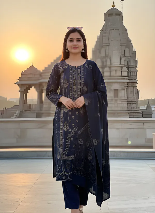 Navy_Blue_with_Antique_Gold_Print,_Super_Soft_Velvet_Kurti_Pant_&_Dupatta_(KPD012NBX1)