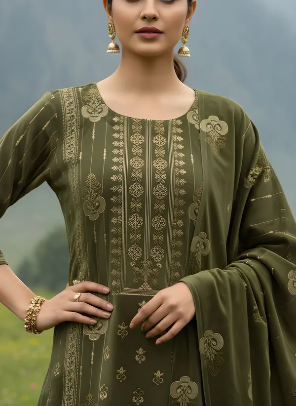 Olive_Green_with_Antique_Gold_Print,_Super_Soft_Velvet_Kurti_Pant_&_Dupatta_(KPD012OGX1)