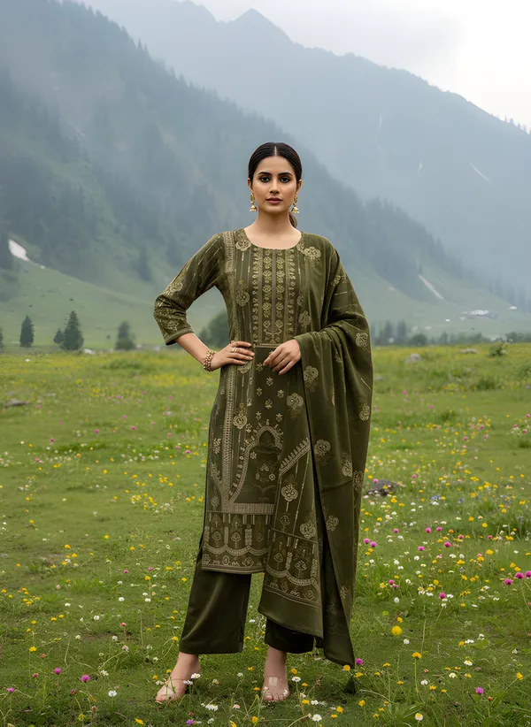 Olive_Green_with_Antique_Gold_Print,_Super_Soft_Velvet_Kurti_Pant_&_Dupatta_(KPD012OGX1)