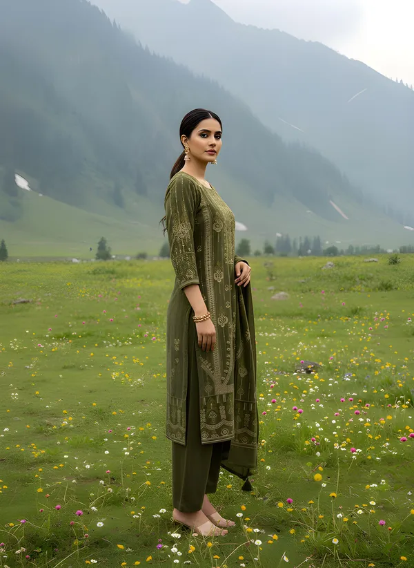Olive_Green_with_Antique_Gold_Print,_Super_Soft_Velvet_Kurti_Pant_&_Dupatta_(KPD012OGX1)