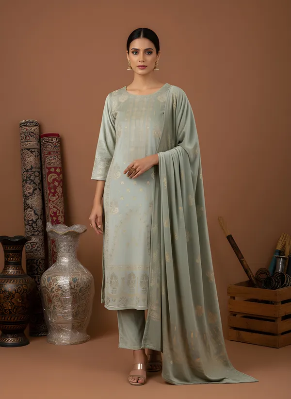 Pista_Sage_Green_with_Antique_Gold_Print,_Super_Soft_Velvet_Kurti_Pant_&_Dupatta_(KPD012SGX1)