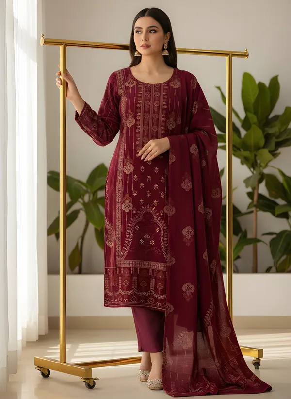 Wine_Maroon_with_Antique_Gold_Print,_Super_Soft_Velvet_Kurti_Pant_&_Dupatta_(KPD012WMX1)