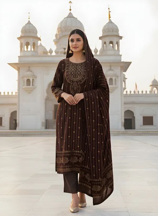 Dark_Chocolate_Brown_with_Antique_Gold_Print,_Super_Soft_Velvet_Kurti_Pant_&_Dupatta_(KPD013CBX1)