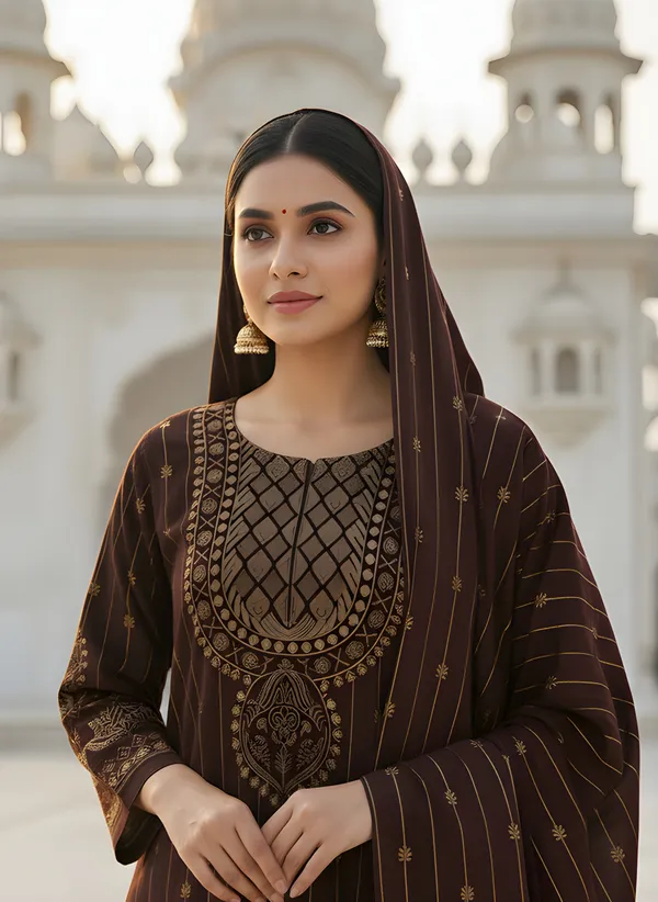 Dark_Chocolate_Brown_with_Antique_Gold_Print,_Super_Soft_Velvet_Kurti_Pant_&_Dupatta_(KPD013CBX1)