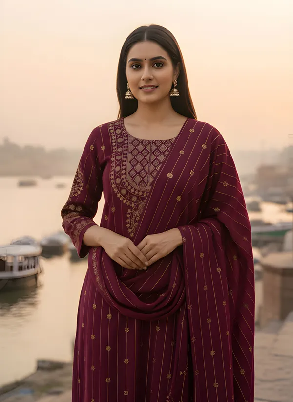 Deep_Wine_with_Antique_Gold_Print,_Super_Soft_Velvet_Kurti_Pant_&_Dupatta_(KPD013DWX1)