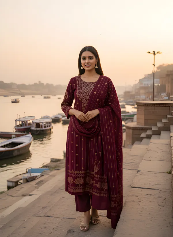Deep_Wine_with_Antique_Gold_Print,_Super_Soft_Velvet_Kurti_Pant_&_Dupatta_(KPD013DWX1)