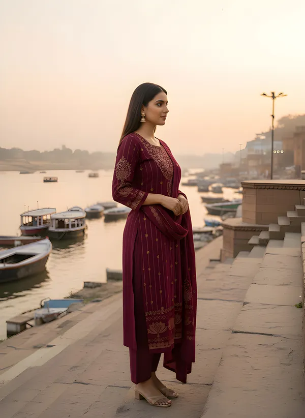 Deep_Wine_with_Antique_Gold_Print,_Super_Soft_Velvet_Kurti_Pant_&_Dupatta_(KPD013DWX1)