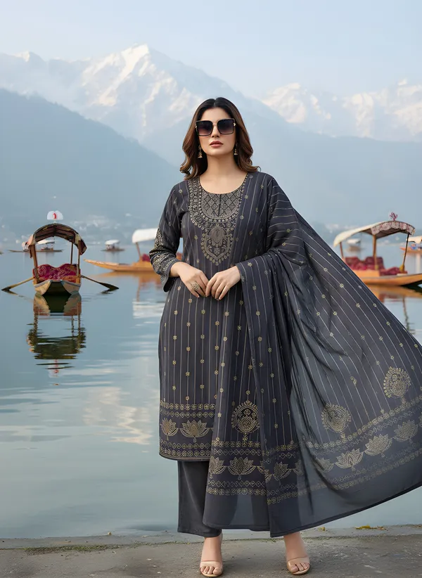 Graphite_Grey_with_Antique_Gold_Print,_Super_Soft_Velvet_Kurti_Pant_&_Dupatta_(KPD013GGX1)
