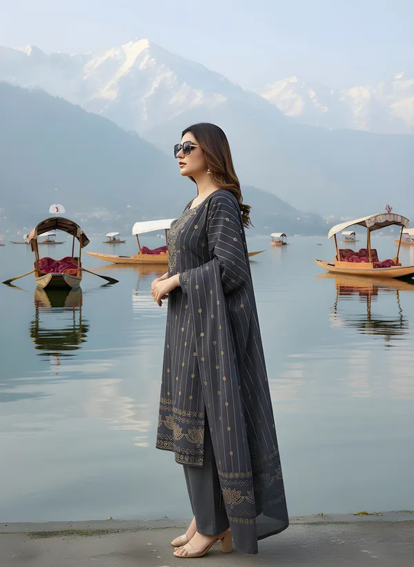 Graphite_Grey_with_Antique_Gold_Print,_Super_Soft_Velvet_Kurti_Pant_&_Dupatta_(KPD013GGX1)