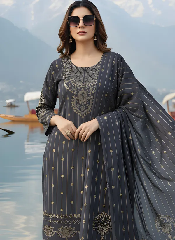 Graphite_Grey_with_Antique_Gold_Print,_Super_Soft_Velvet_Kurti_Pant_&_Dupatta_(KPD013GGX1)