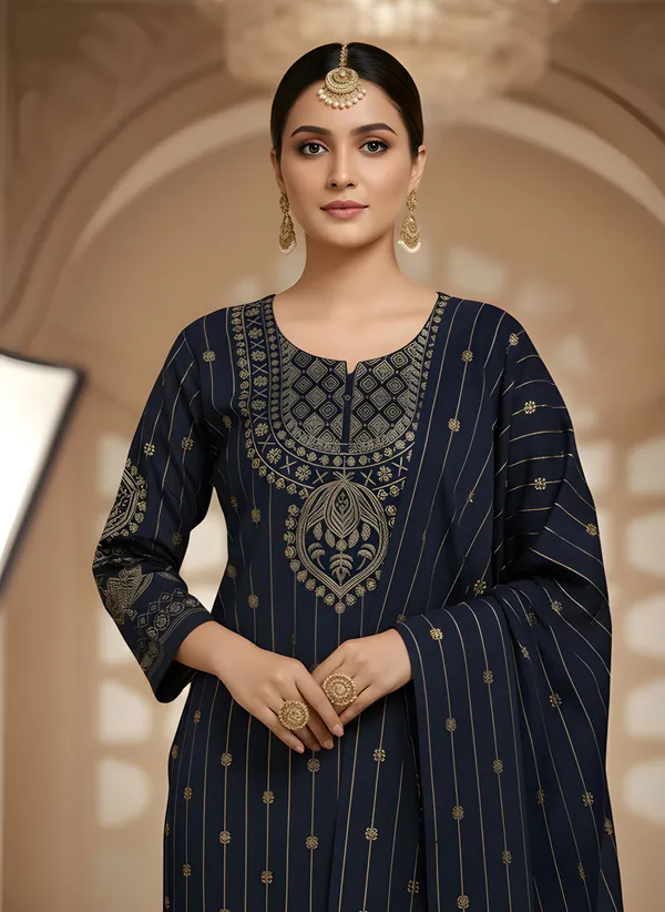 Navy_Blue_with_Antique_Gold_Print,_Super_Soft_Velvet_Kurti_Pant_&_Dupatta_(KPD013NBX1)