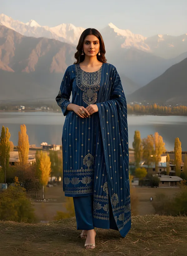 Steel_Blue_with_Antique_Gold_Print,_Super_Soft_Velvet_Kurti_Pant_&_Dupatta_(KPD013SBX1)