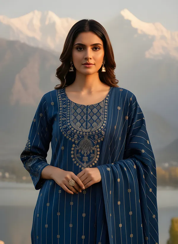Steel_Blue_with_Antique_Gold_Print,_Super_Soft_Velvet_Kurti_Pant_&_Dupatta_(KPD013SBX1)