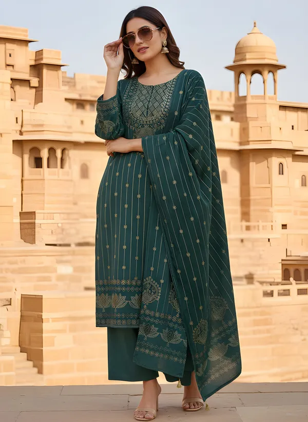 Deep_Teal_Green_with_Antique_Gold_Print,_Super_Soft_Velvet_Kurti_Pant_&_Dupatta_(KPD013TGX1)