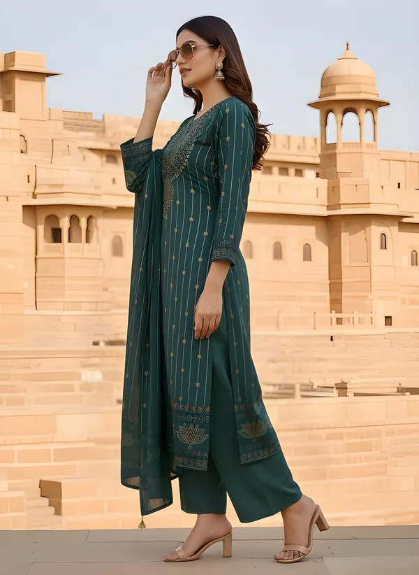Deep_Teal_Green_with_Antique_Gold_Print,_Super_Soft_Velvet_Kurti_Pant_&_Dupatta_(KPD013TGX1)