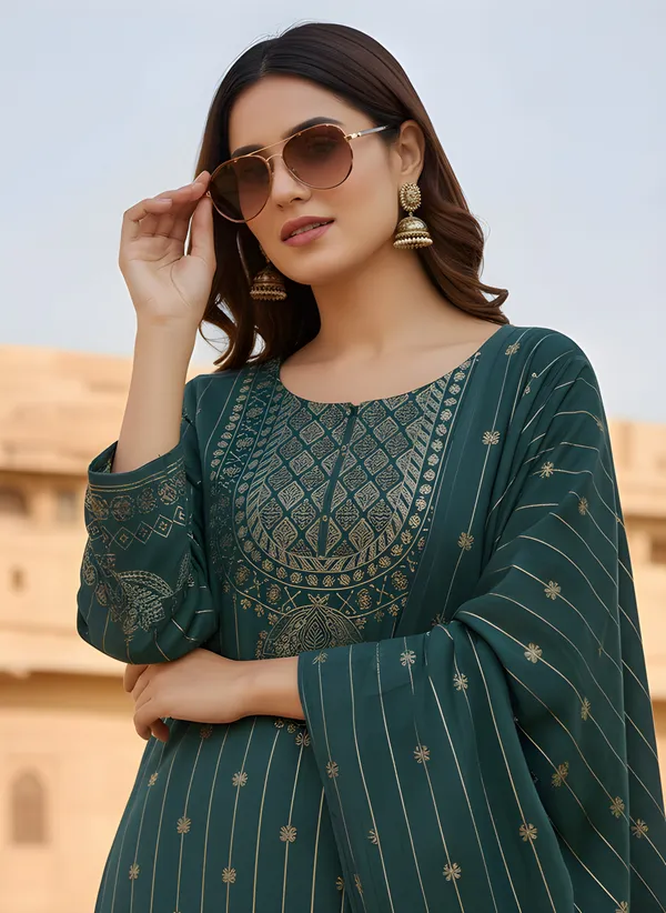Deep_Teal_Green_with_Antique_Gold_Print,_Super_Soft_Velvet_Kurti_Pant_&_Dupatta_(KPD013TGX1)