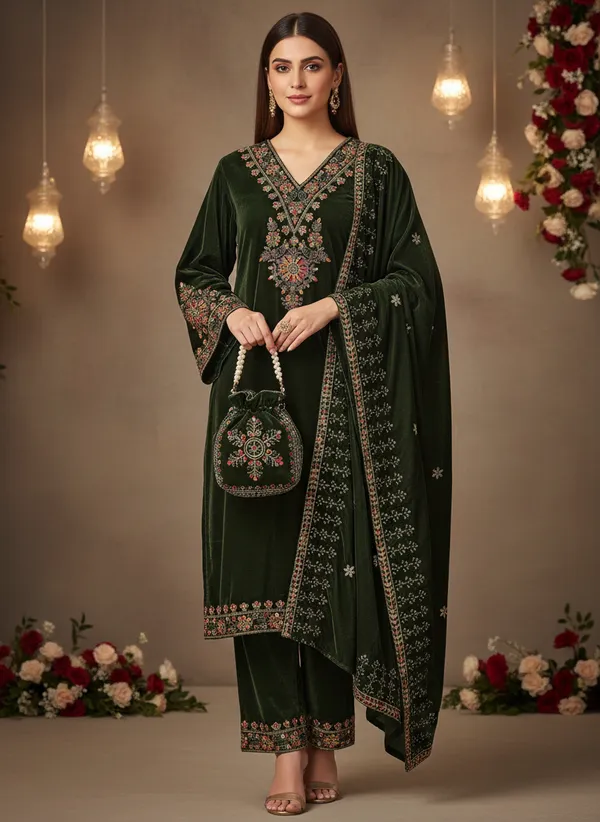 Dark_Green_with_multi_Colour_Embroidery,_Premium_Velvet_Kurti_Pant_&_Dupatta_with_Velvet_embroidered_Potli_Purse_(KPD014DGX1)