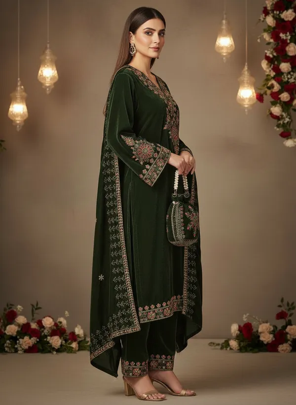 Dark_Green_with_multi_Colour_Embroidery,_Premium_Velvet_Kurti_Pant_&_Dupatta_with_Velvet_embroidered_Potli_Purse_(KPD014DGX1)
