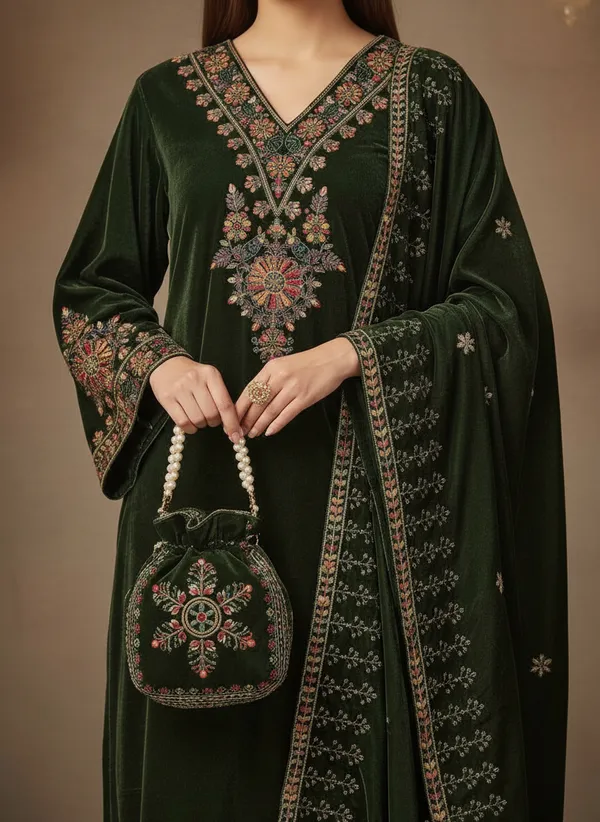 Dark_Green_with_multi_Colour_Embroidery,_Premium_Velvet_Kurti_Pant_&_Dupatta_with_Velvet_embroidered_Potli_Purse_(KPD014DGX1)