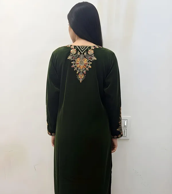 Dark_Green_with_multi_Colour_Embroidery,_Premium_Velvet_Kurti_Pant_&_Dupatta_with_Velvet_embroidered_Potli_Purse_(KPD014DGX1)