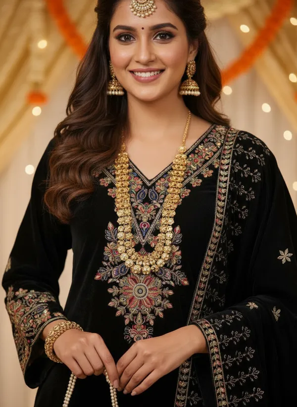 Jet_Black_with_multi_Colour_Embroidery,_Premium_Velvet_Kurti_Pant_&_Dupatta_with_Velvet_embroidered_Potli_Purse_(KPD014JBX1)