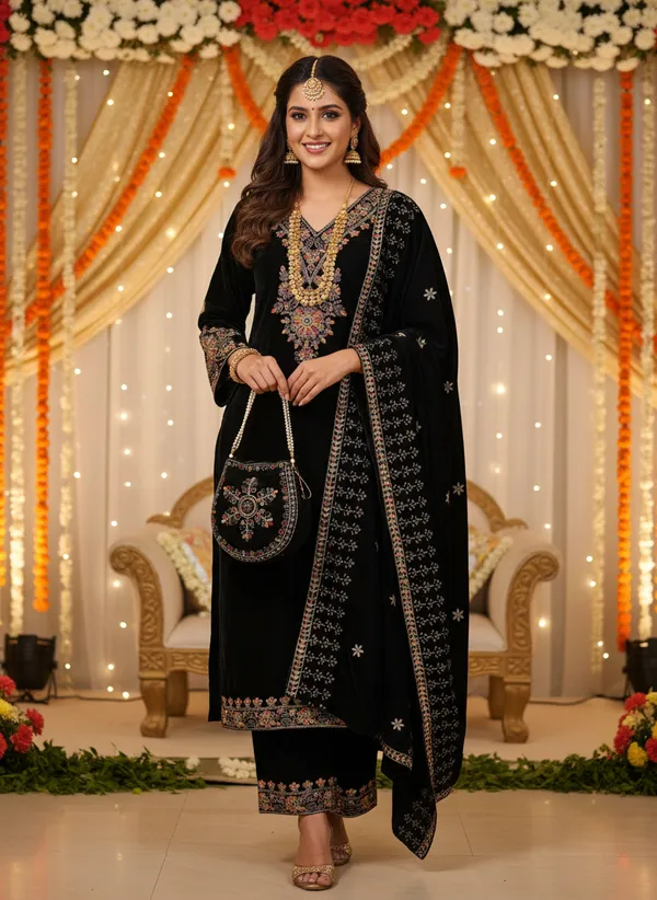 Jet_Black_with_multi_Colour_Embroidery,_Premium_Velvet_Kurti_Pant_&_Dupatta_with_Velvet_embroidered_Potli_Purse_(KPD014JBX1)