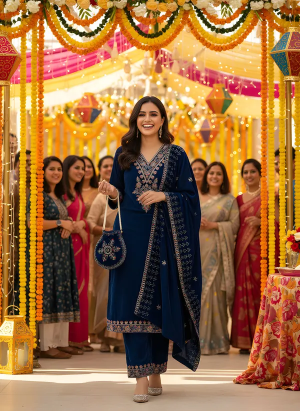 Royal_Navy_Blue_with_multi_Colour_Embroidery,_Premium_Velvet_Kurti_Pant_&_Dupatta_with_Velvet_embroidered_Potli_Purse_(KPD014NBX1)
