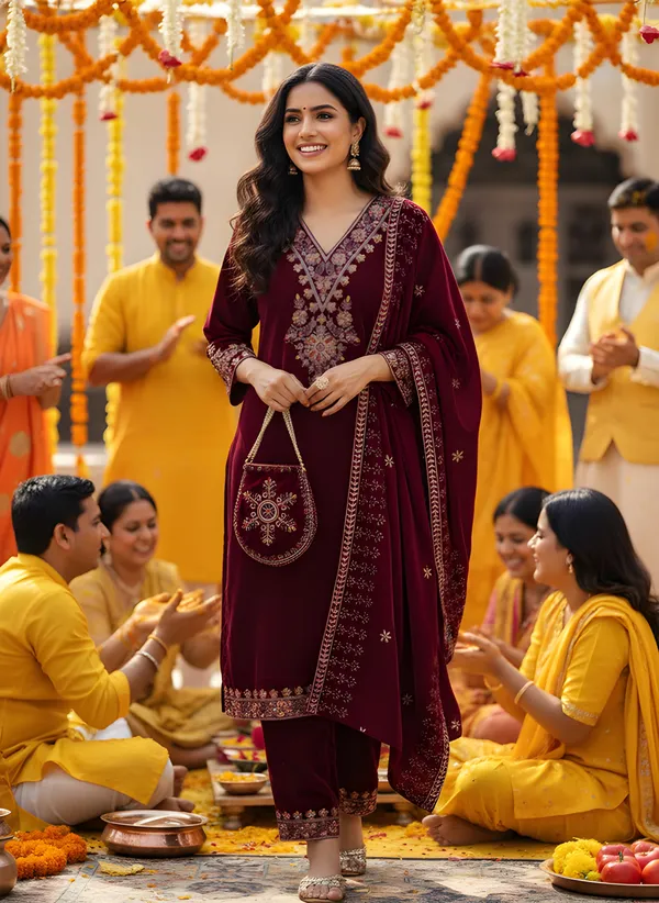 Wine_Red_with_multi_Colour_Embroidery,_Premium_Velvet_Kurti_Pant_&_Dupatta_with_Velvet_embroidered_Potli_Purse_(KPD014WRX1)