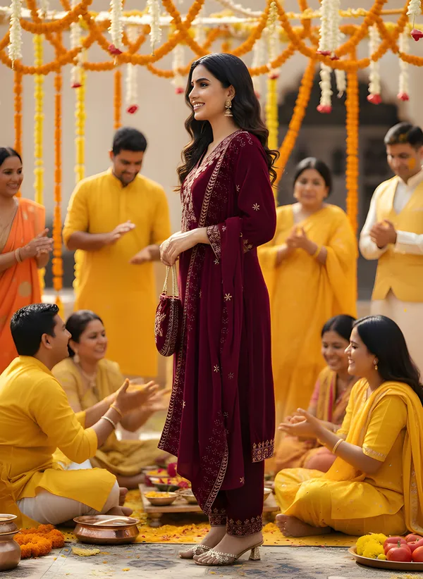 Wine_Red_with_multi_Colour_Embroidery,_Premium_Velvet_Kurti_Pant_&_Dupatta_with_Velvet_embroidered_Potli_Purse_(KPD014WRX1)