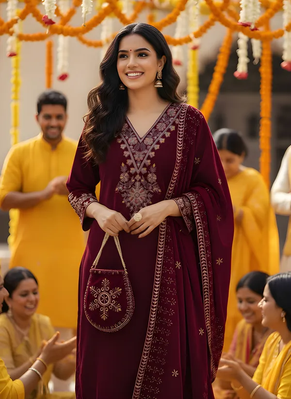 Wine_Red_with_multi_Colour_Embroidery,_Premium_Velvet_Kurti_Pant_&_Dupatta_with_Velvet_embroidered_Potli_Purse_(KPD014WRX1)