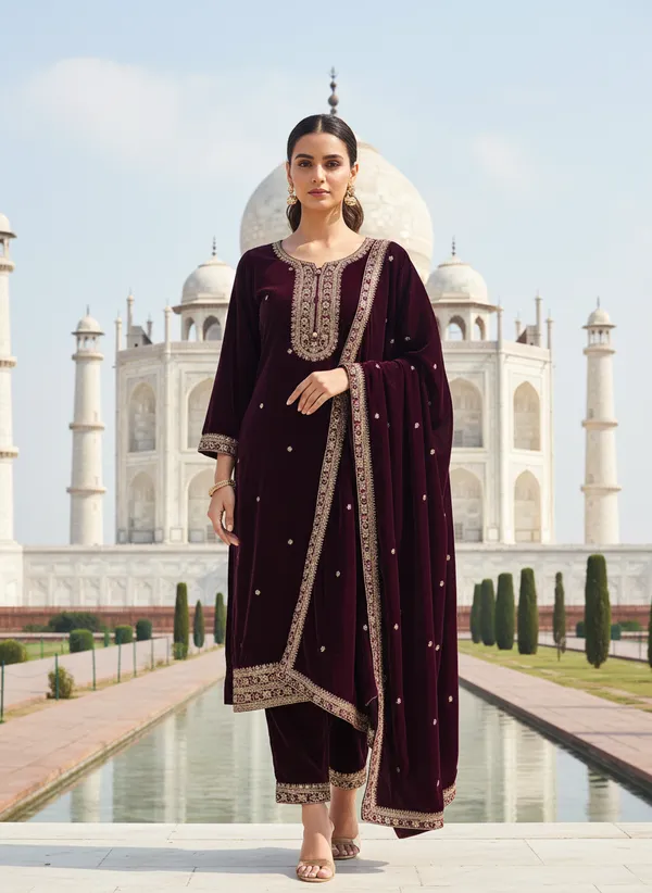 Deep_Purple_with_Antique_Gold_Embroidery,_Premium_Velvet_Kurti_Pant_&_Dupatta__(KPD015DPX1)