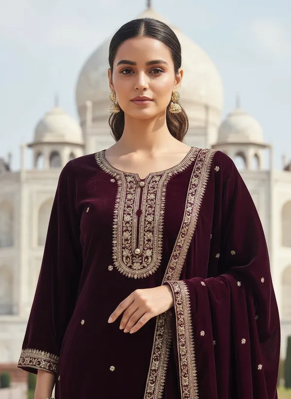 Deep_Purple_with_Antique_Gold_Embroidery,_Premium_Velvet_Kurti_Pant_&_Dupatta__(KPD015DPX1)