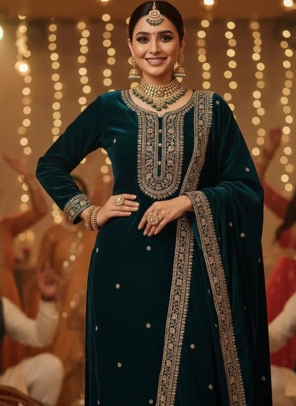 eacock_Blue_with_Antique_Gold_Embroidery,_Premium_Velvet_Kurti_Pant_&_Dupatta__(KPD015PBX1)
