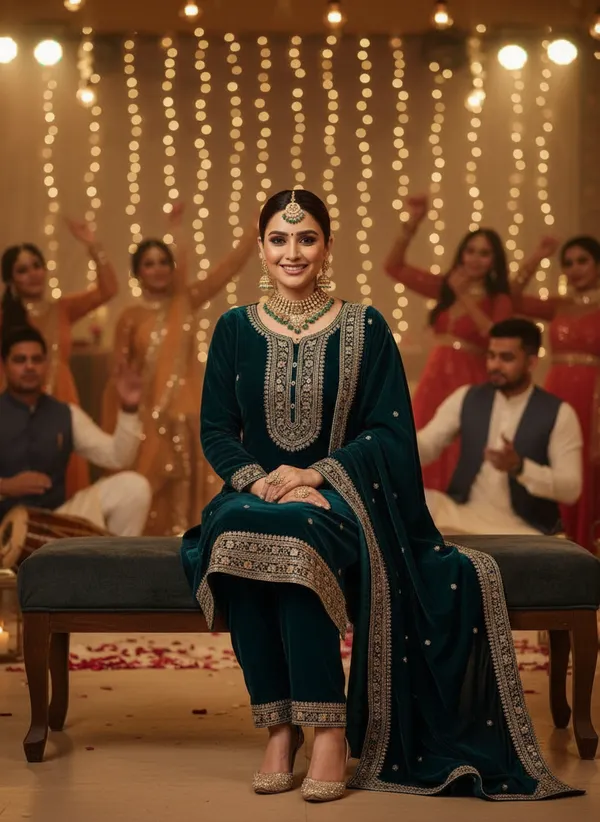 eacock_Blue_with_Antique_Gold_Embroidery,_Premium_Velvet_Kurti_Pant_&_Dupatta__(KPD015PBX1)