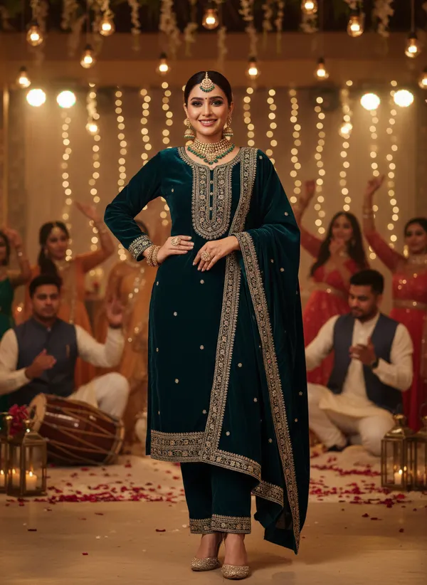 eacock_Blue_with_Antique_Gold_Embroidery,_Premium_Velvet_Kurti_Pant_&_Dupatta__(KPD015PBX1)