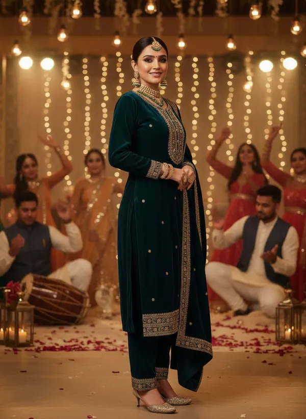 eacock_Blue_with_Antique_Gold_Embroidery,_Premium_Velvet_Kurti_Pant_&_Dupatta__(KPD015PBX1)