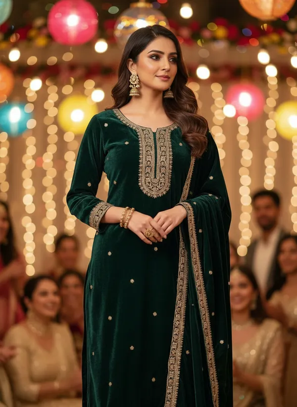 Teal_Green_with_Antique_Gold_Embroidery,_Premium_Velvet_Kurti_Pant_&_Dupatta__(KPD015TGX1)