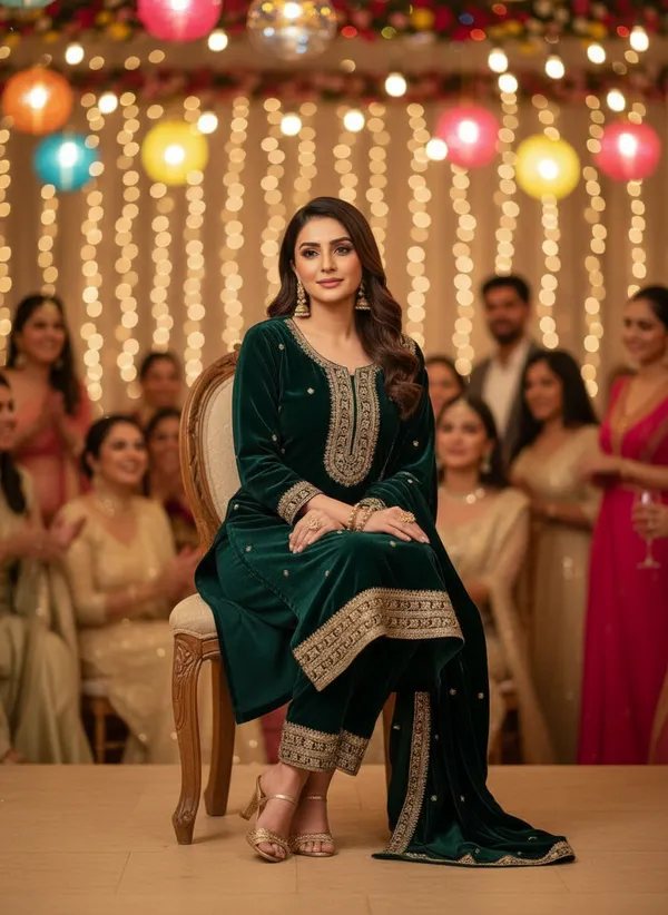 Teal_Green_with_Antique_Gold_Embroidery,_Premium_Velvet_Kurti_Pant_&_Dupatta__(KPD015TGX1)