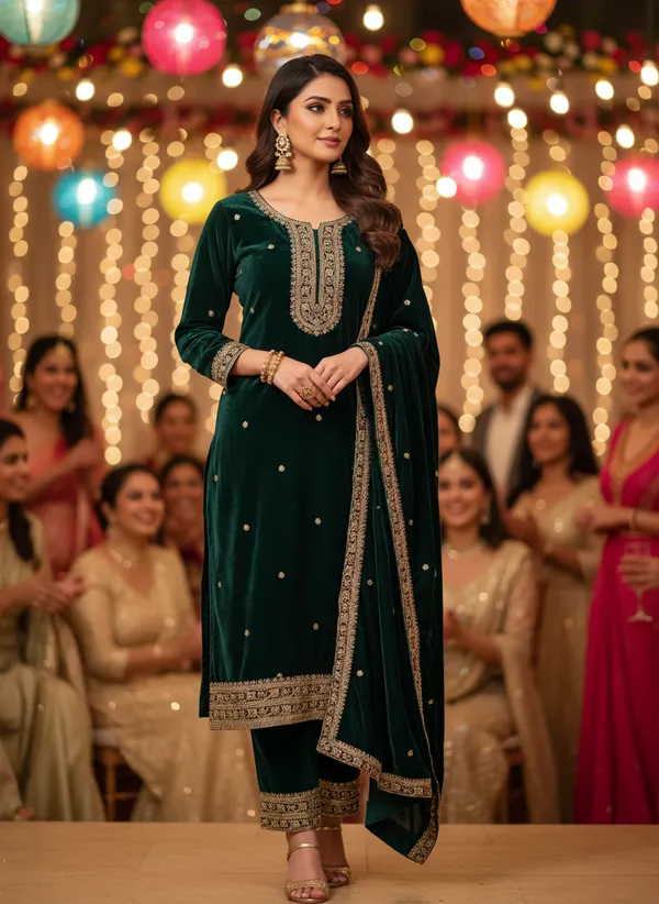 Teal_Green_with_Antique_Gold_Embroidery,_Premium_Velvet_Kurti_Pant_&_Dupatta__(KPD015TGX1)