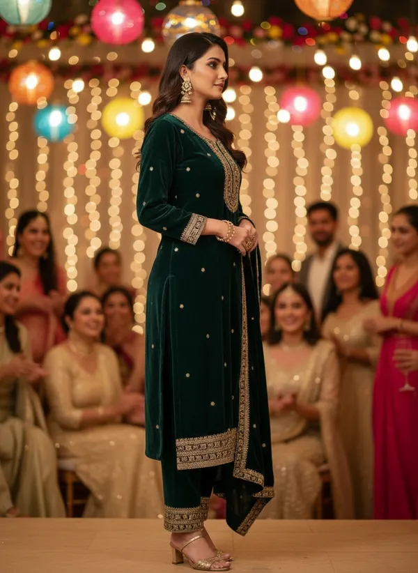 Teal_Green_with_Antique_Gold_Embroidery,_Premium_Velvet_Kurti_Pant_&_Dupatta__(KPD015TGX1)