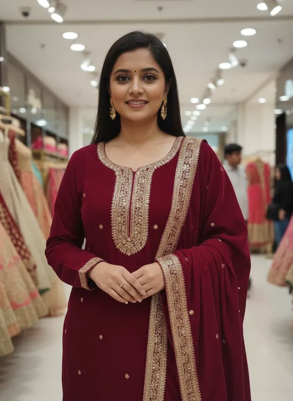 Wine_Magenta_with_Antique_Gold_Embroidery,_Premium_Velvet_Kurti_Pant_&_Dupatta__(KPD015WMX1)
