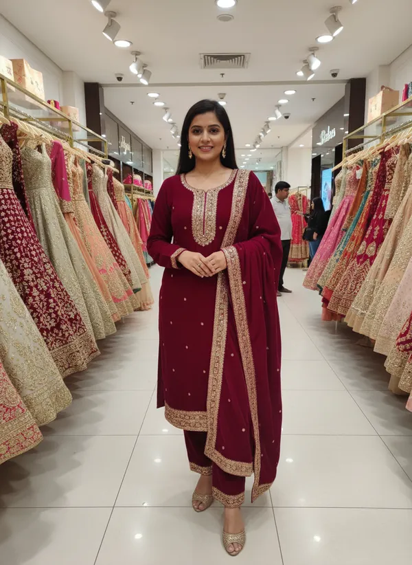 Wine_Magenta_with_Antique_Gold_Embroidery,_Premium_Velvet_Kurti_Pant_&_Dupatta__(KPD015WMX1)