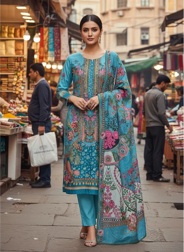 Aqua_Blue_with_Floral_Print,_Premium_Soft_woolen_Kurti_pant_&_Dupatta_(KPD016ABX1)