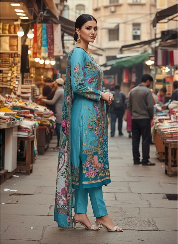 Aqua_Blue_with_Floral_Print,_Premium_Soft_woolen_Kurti_pant_&_Dupatta_(KPD016ABX1)