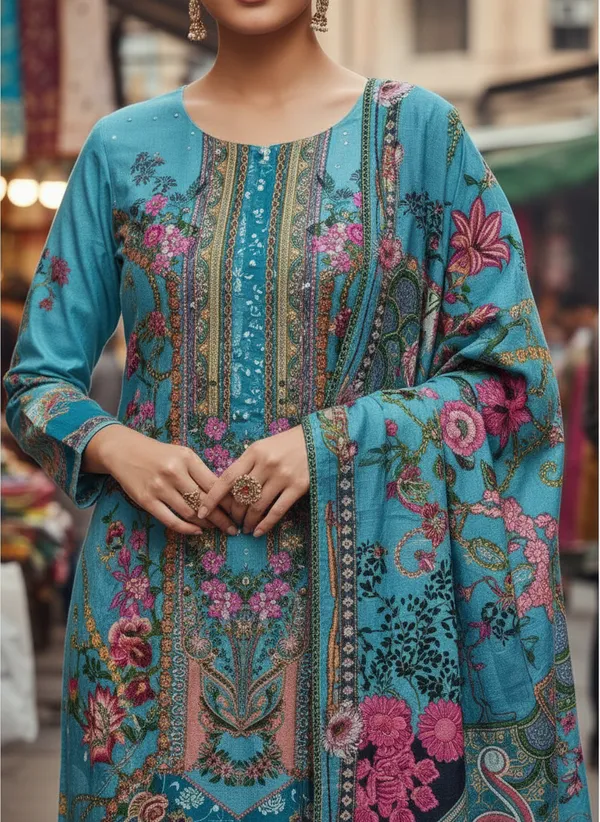Aqua_Blue_with_Floral_Print,_Premium_Soft_woolen_Kurti_pant_&_Dupatta_(KPD016ABX1)