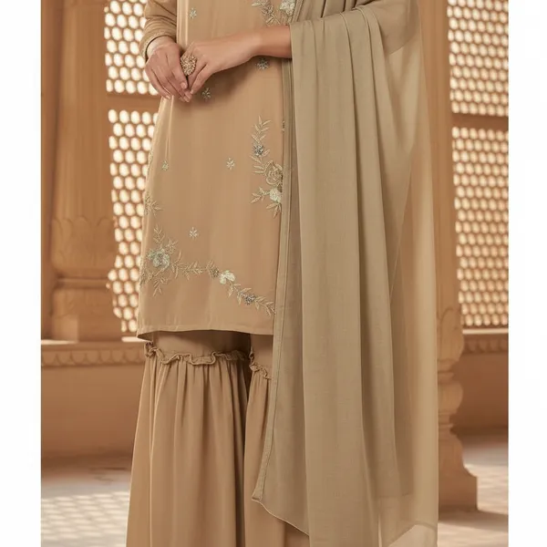 SHREESUTRAM_Beige_Georgette_Kurti,_Pant_&_Dupatta_(KPD030BGX2)