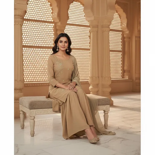 SHREESUTRAM_Beige_Georgette_Kurti,_Pant_&_Dupatta_(KPD030BGX2)