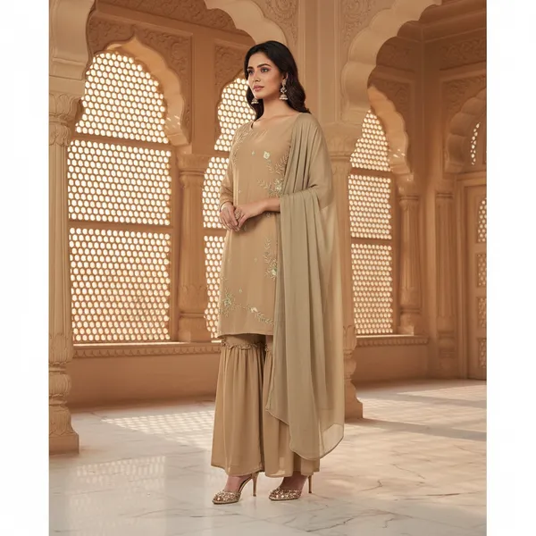 SHREESUTRAM_Beige_Georgette_Kurti,_Pant_&_Dupatta_(KPD030BGX2)
