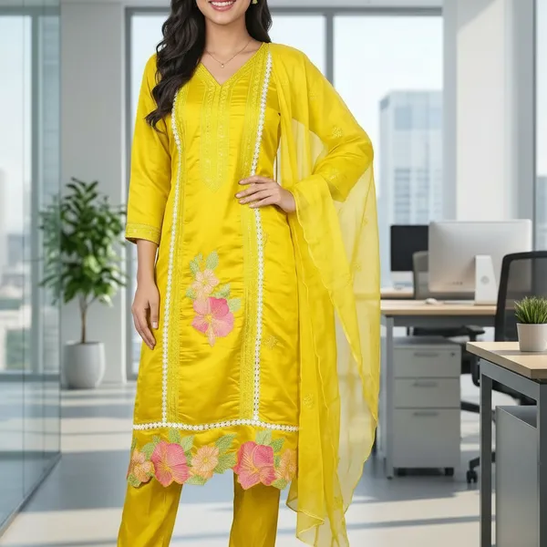 SHREESUTRAM_Mustard_Yellow,_Organza_Kurti,_Pant_&_Dupatta_(KPD019MYX2)