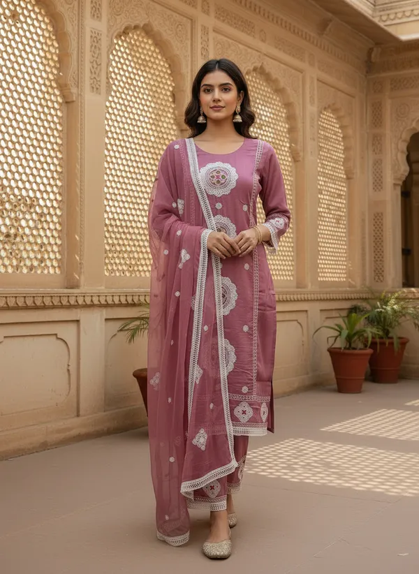 Rose_Pink_Organza_Cotton_Blend_Kurti_Pant_&_Dupatta_Set_–_Floral_&_Ornamental_Embroidery_–_KPD004RPX1